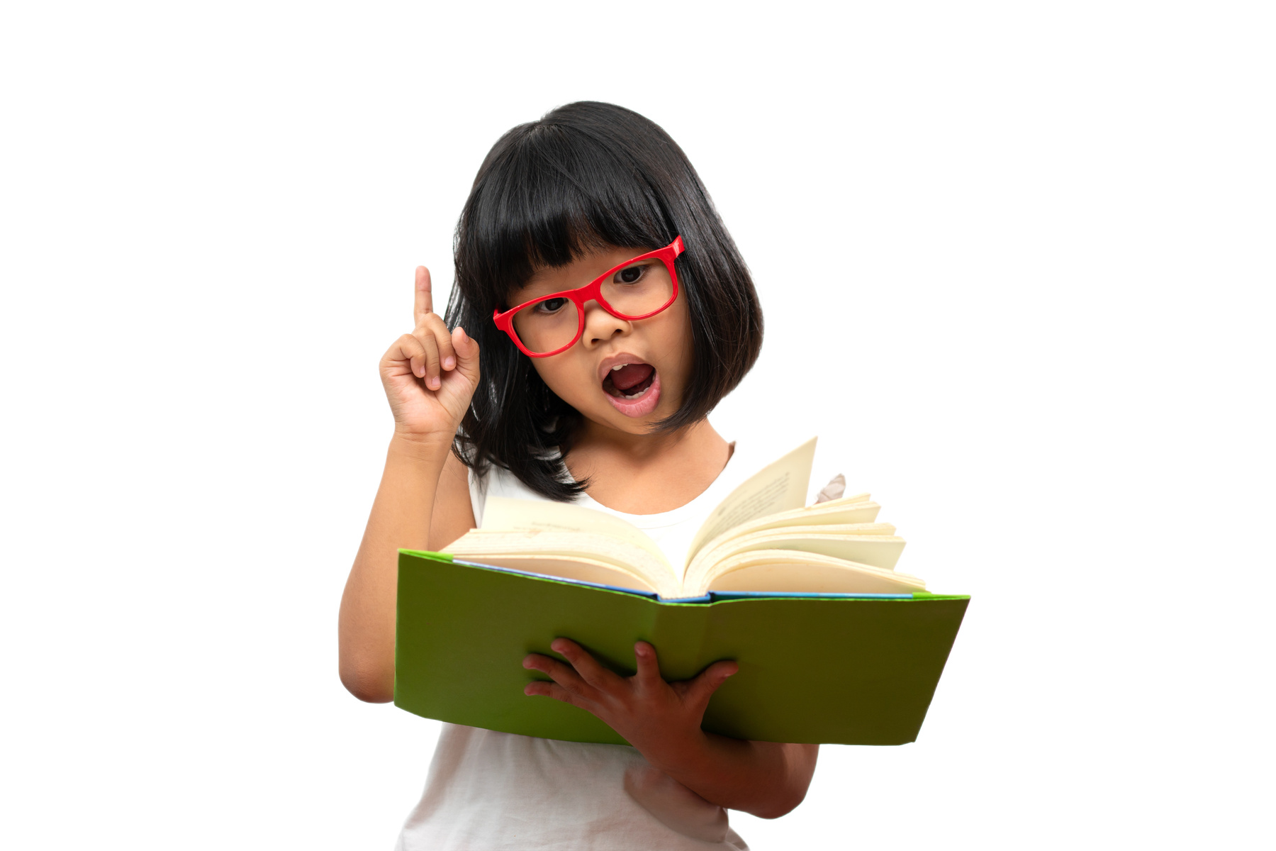 Happy Asian little preschool girl wearing red glasses holdin